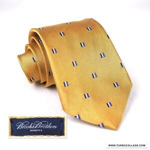 Brooks Brothers Yellow Gold Woven Stripe Blue Accent Silk Necktie Hand Made USA